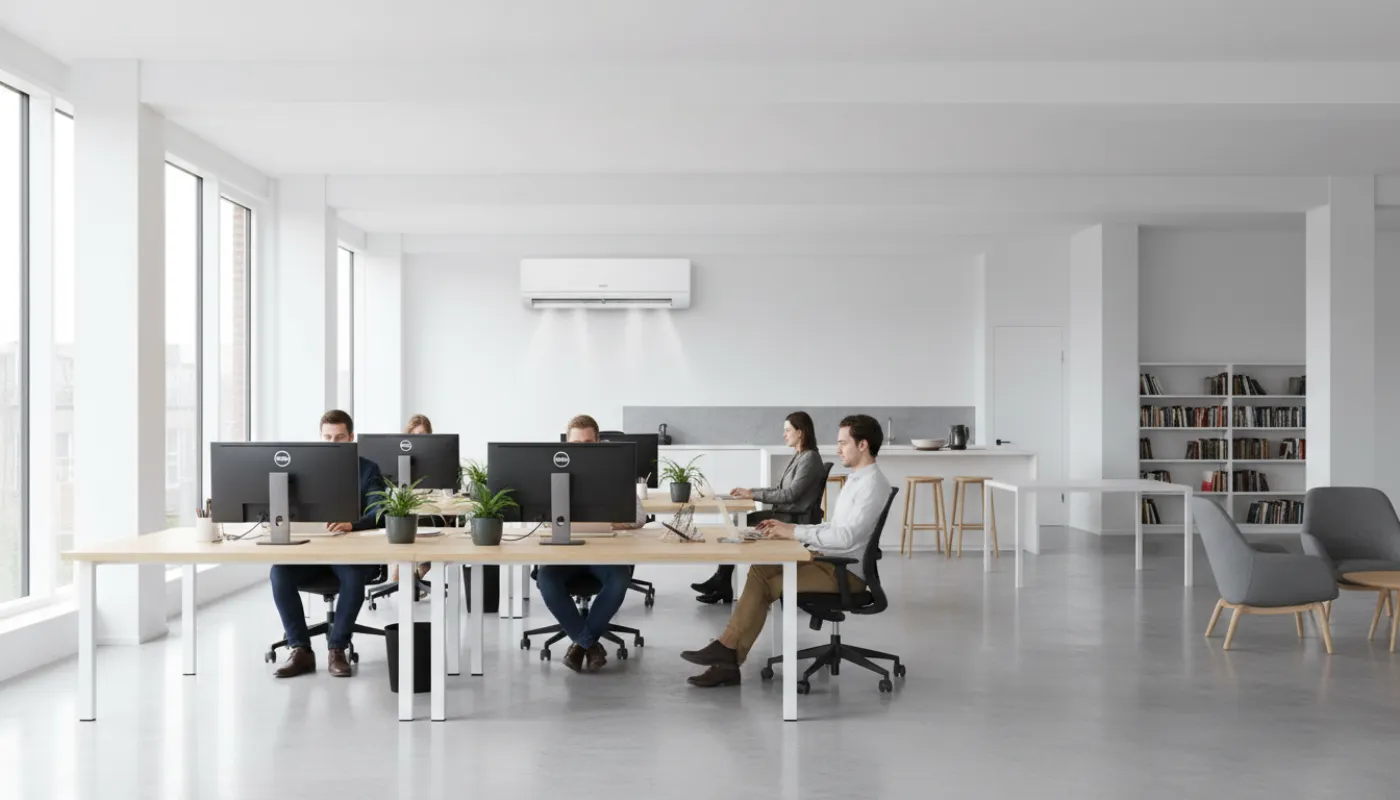 Zakelijk kantoor met airco boven de werkplekken